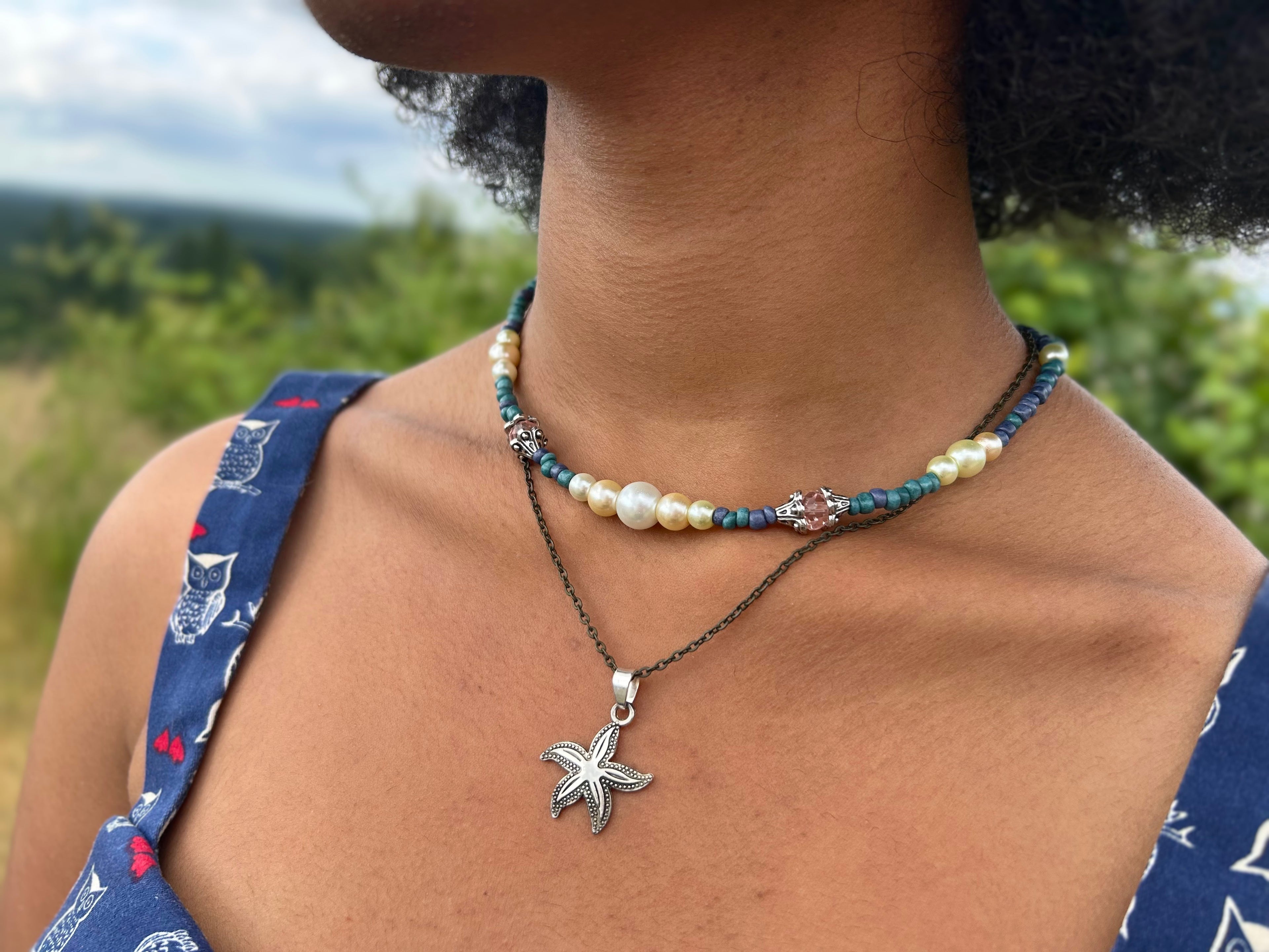 Siren Song - Set - Beaded Necklace and Bracelet in Pearl and Ocean Blue