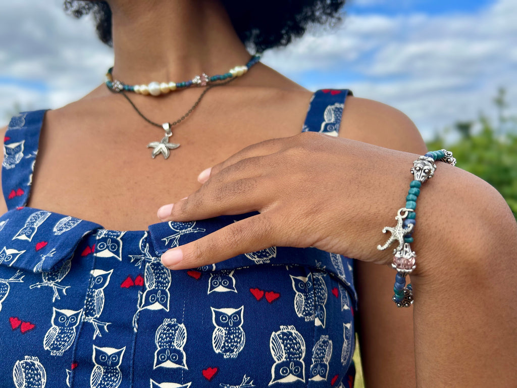 Siren Song - Set - Beaded Necklace and Bracelet in Pearl and Ocean Blue