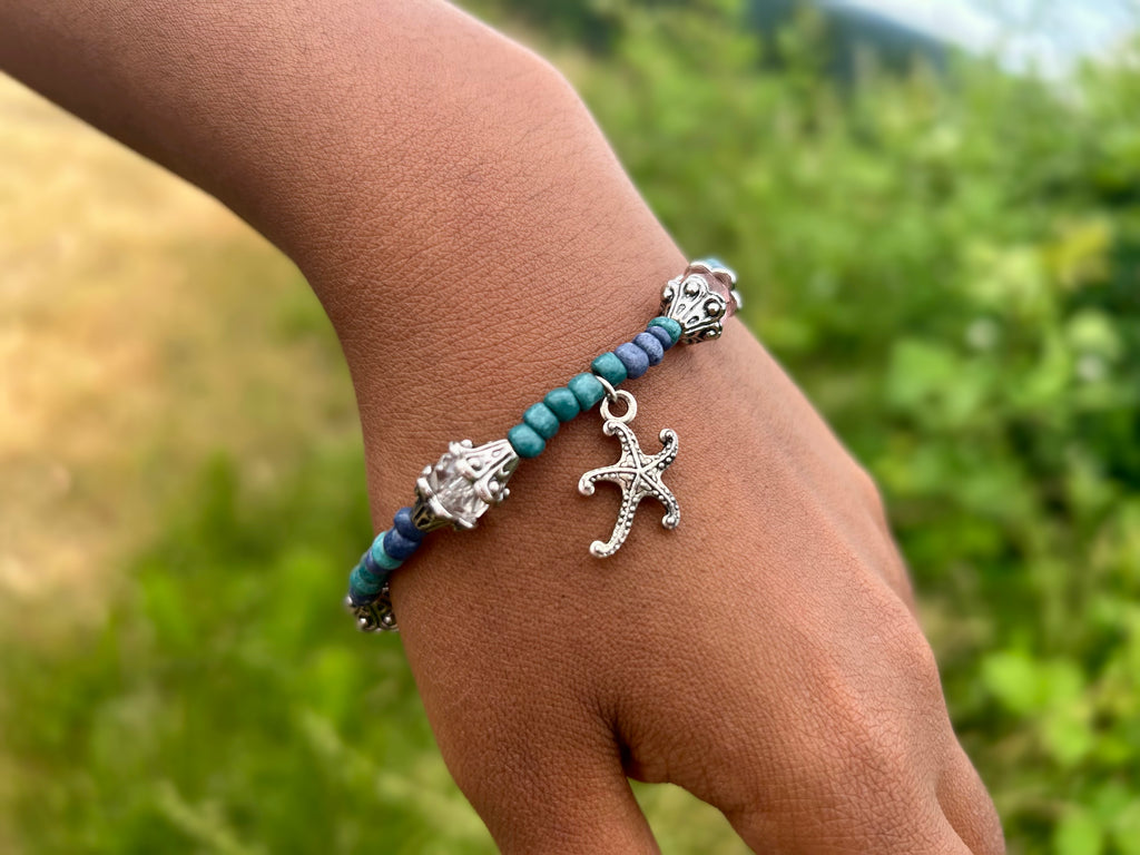 Siren Song - Set - Beaded Necklace and Bracelet in Pearl and Ocean Blue