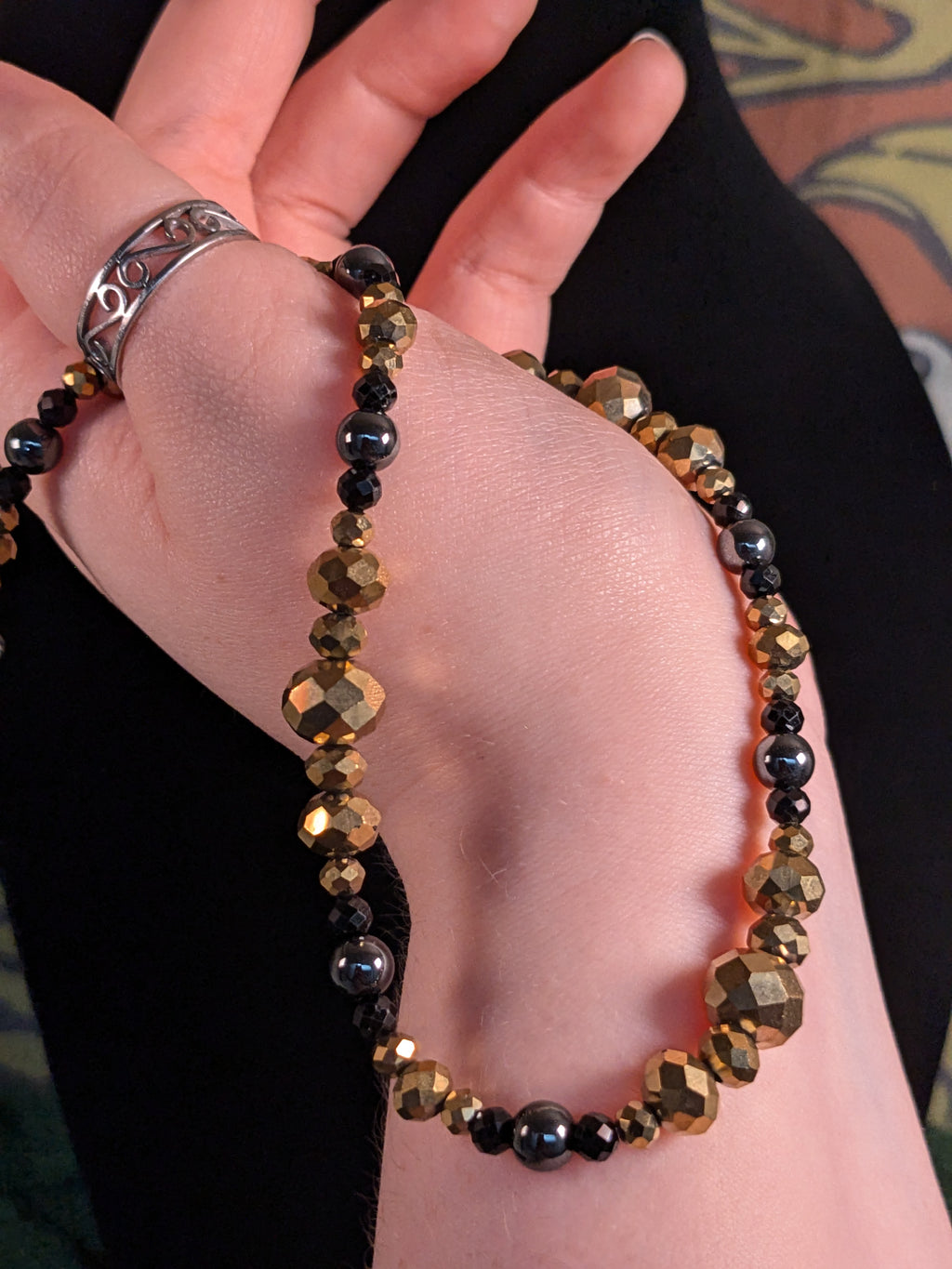 Black Crystal and Gold Beaded Necklace