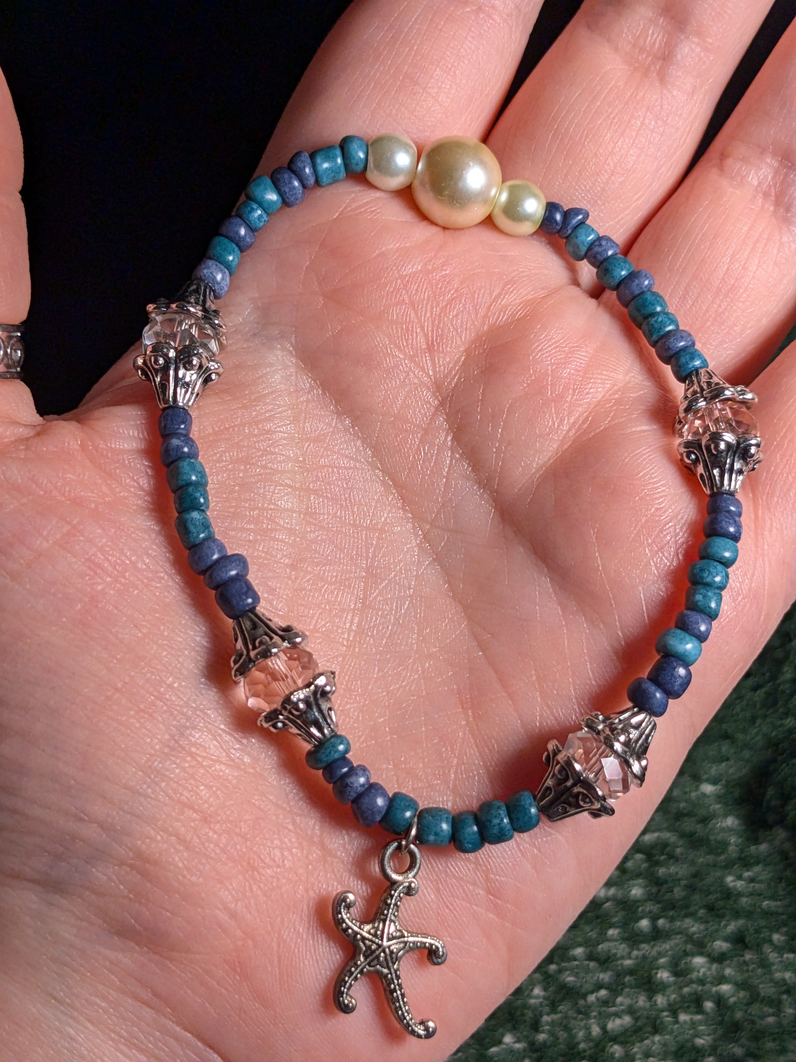 Siren Song - Set - Beaded Necklace and Bracelet in Pearl and Ocean Blue