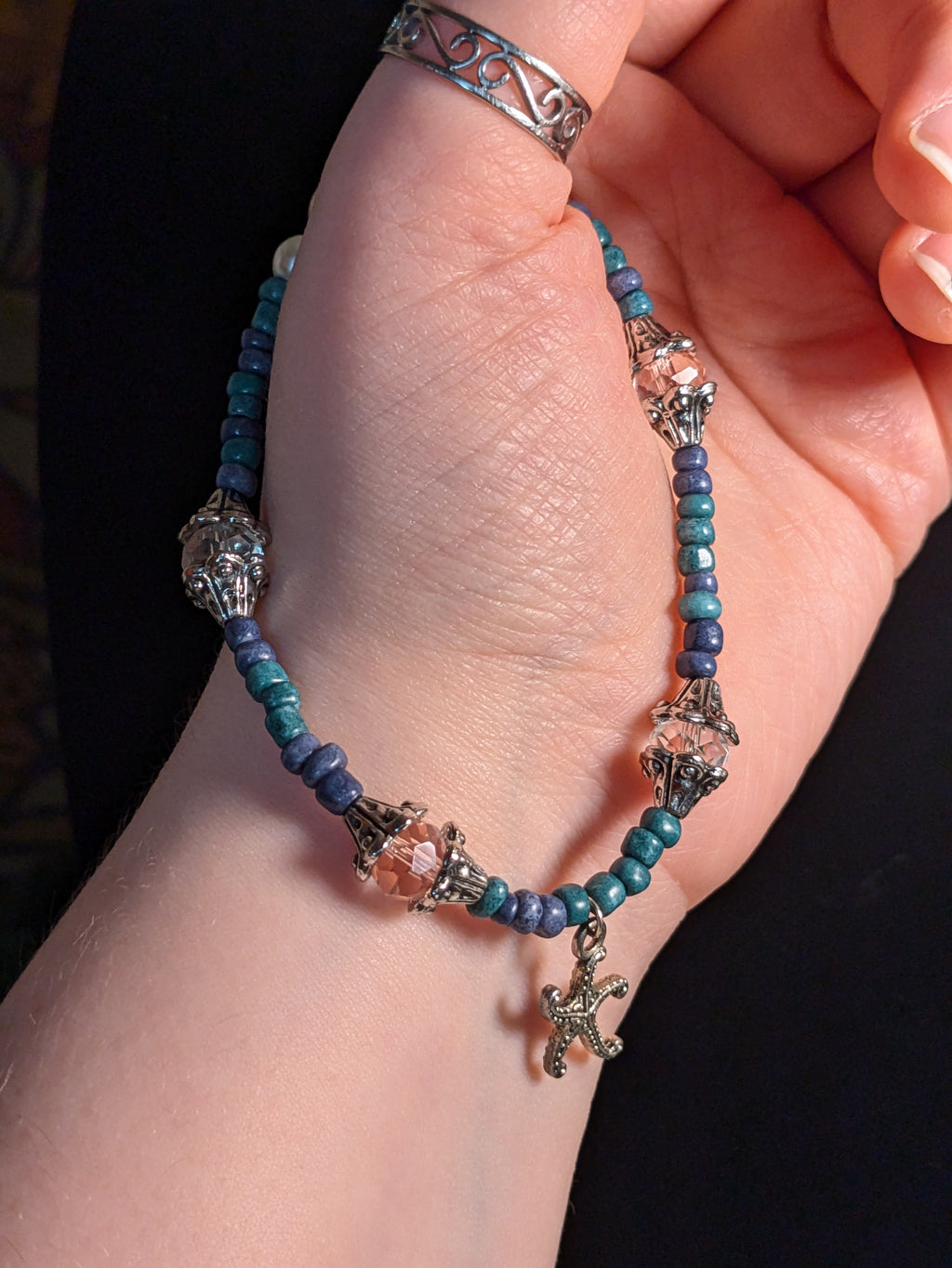 Siren Song - Set - Beaded Necklace and Bracelet in Pearl and Ocean Blue