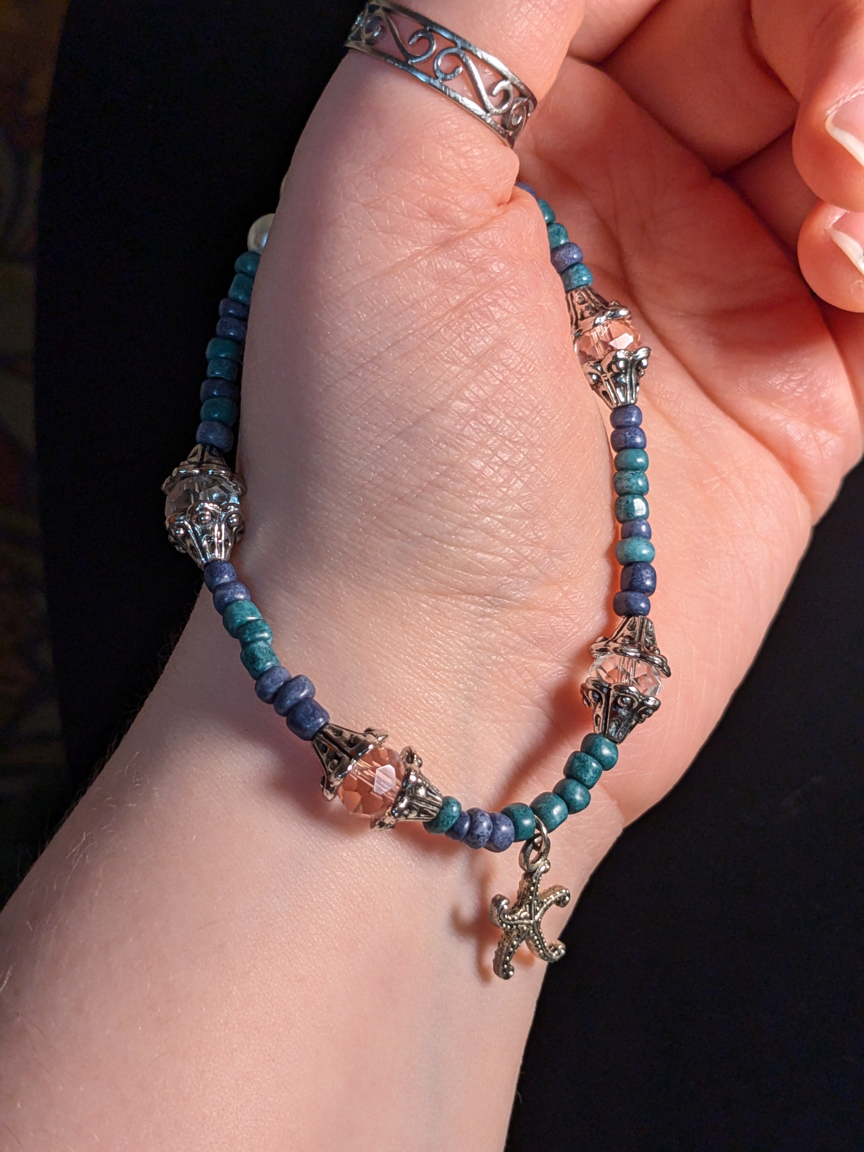 Siren Song - Set - Beaded Necklace and Bracelet in Pearl and Ocean Blue