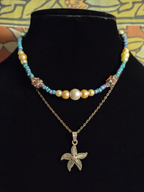 Siren Song - Set - Beaded Necklace and Bracelet in Pearl and Ocean Blue