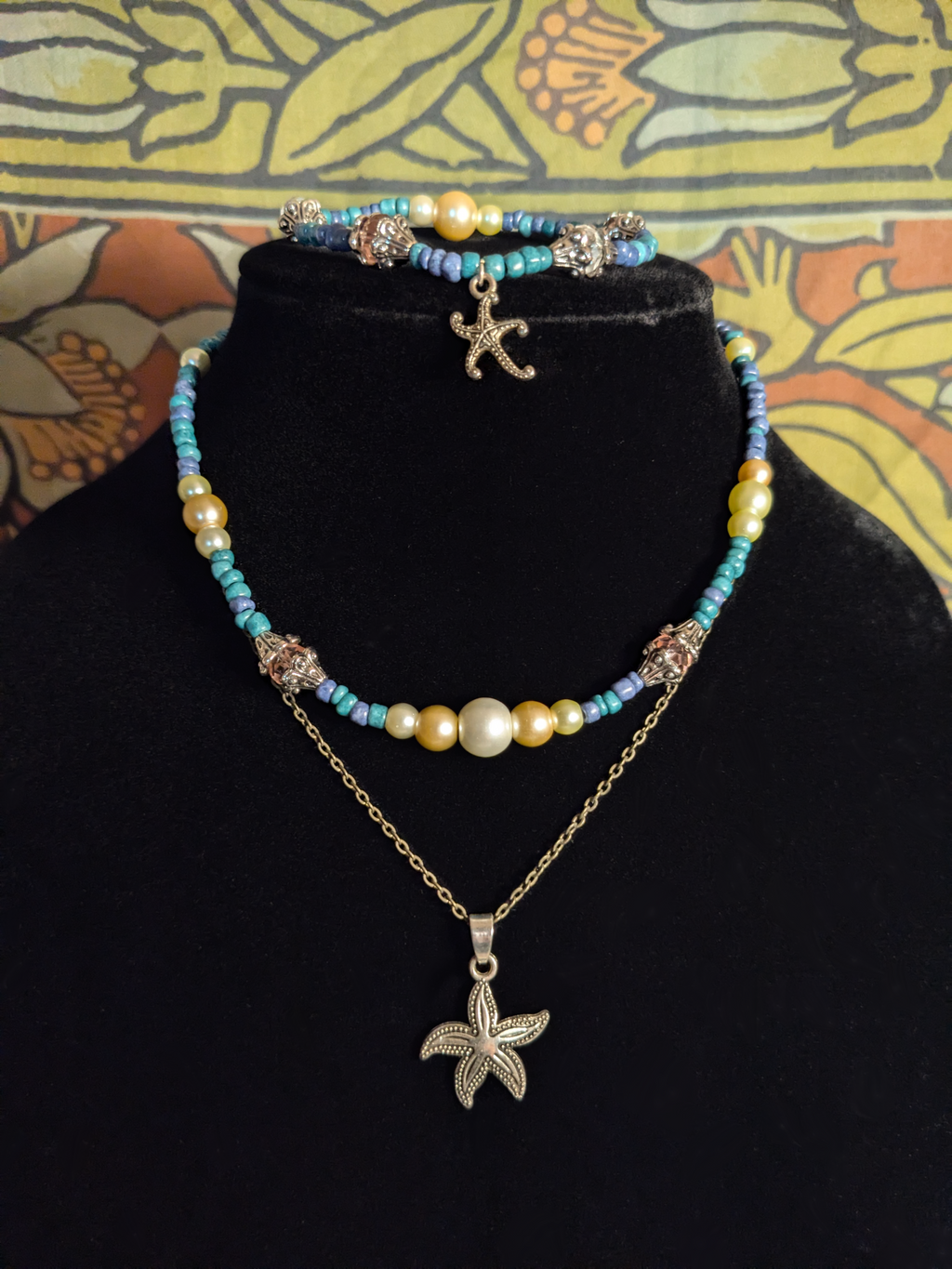 Siren Song - Set - Beaded Necklace and Bracelet in Pearl and Ocean Blue