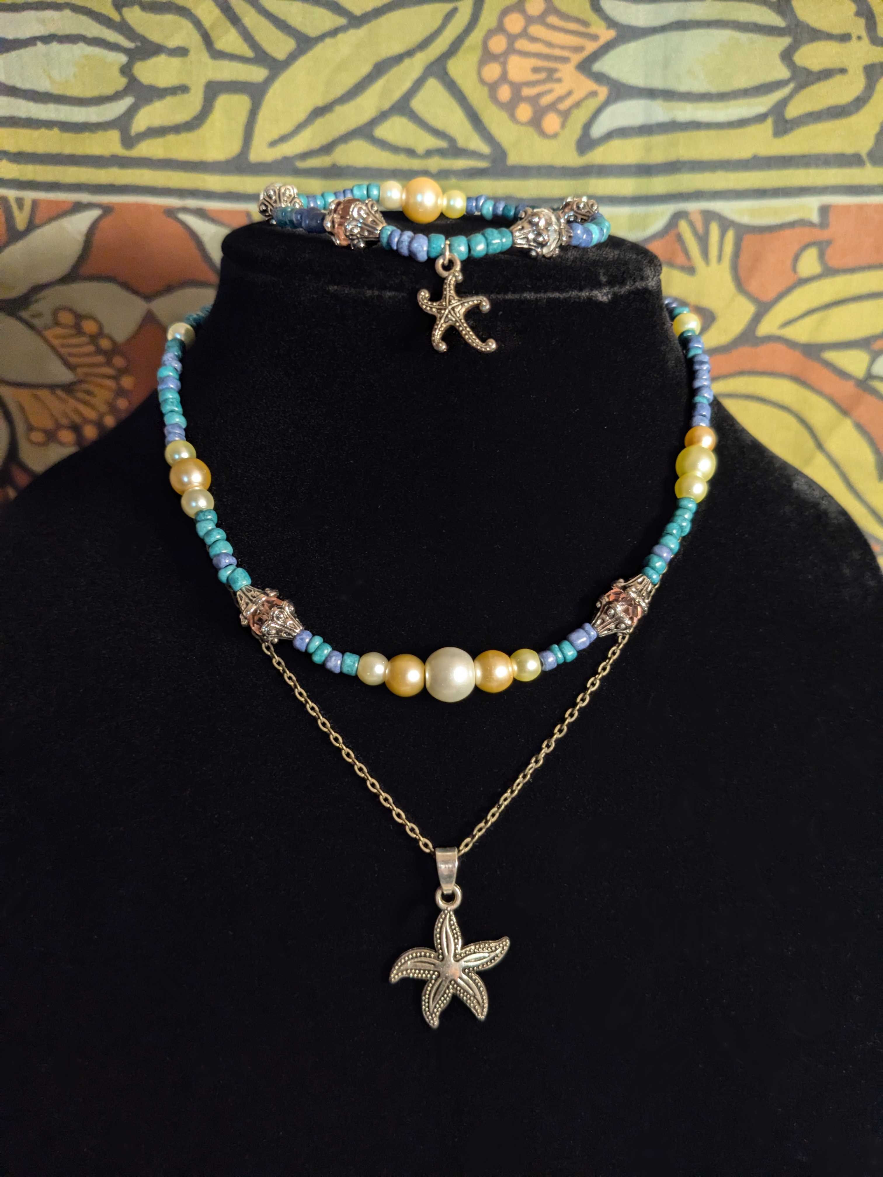 Siren Song - Set - Beaded Necklace and Bracelet in Pearl and Ocean Blue