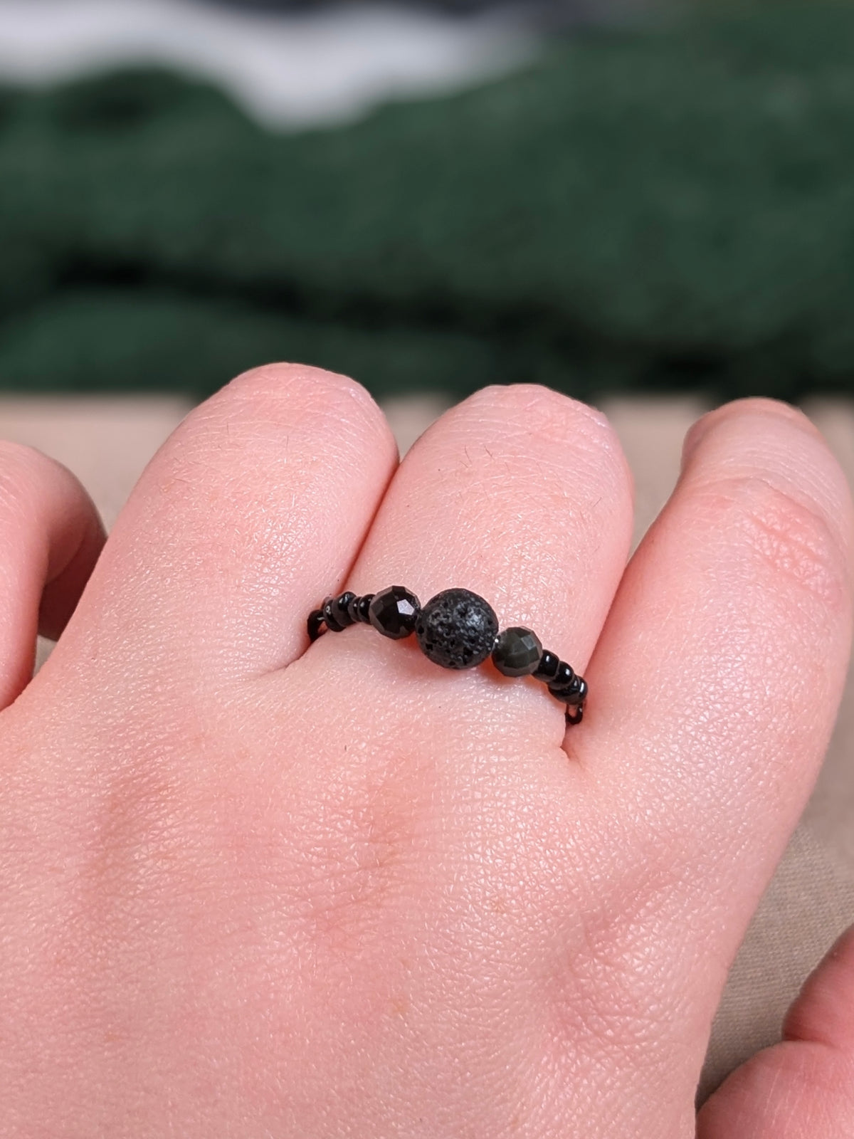 Black Lava Stone & Tourmaline Chain Ring - Joint-Friendly Adjustable Comfort Ring