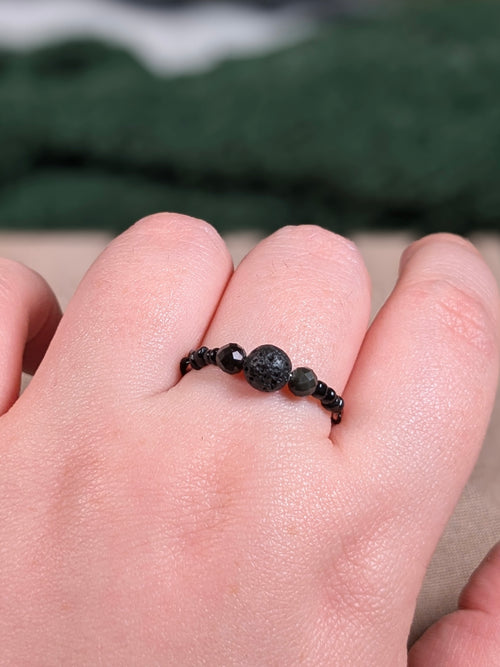 Black Lava Stone & Tourmaline Chain Ring - Joint-Friendly Adjustable Comfort Ring