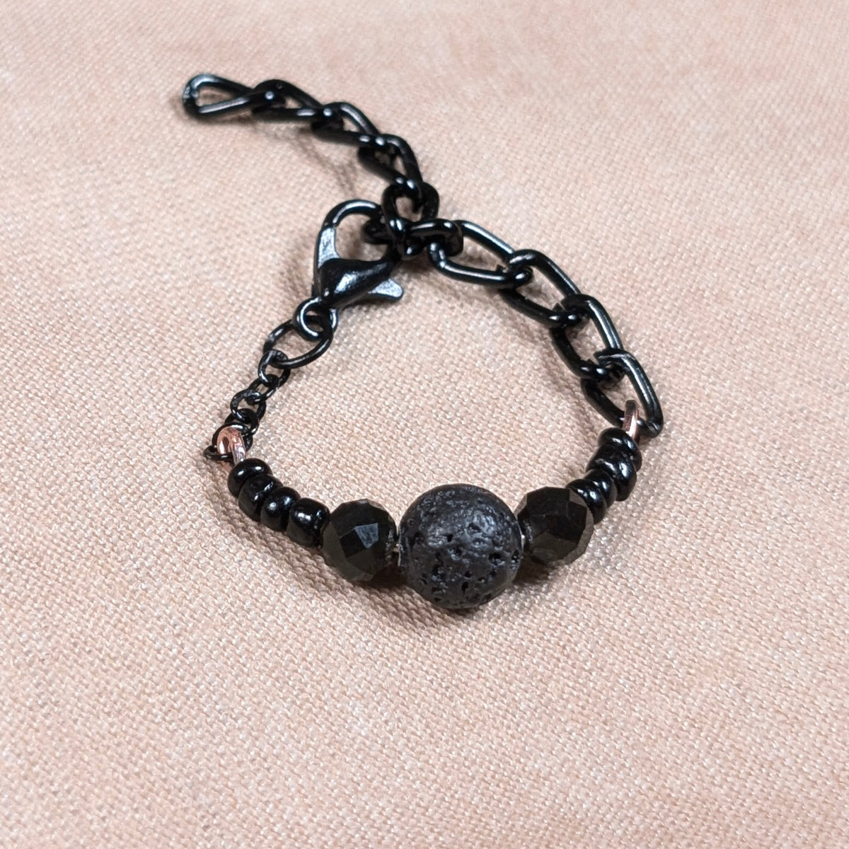 Black Lava Stone & Tourmaline Chain Ring - Joint-Friendly Adjustable Comfort Ring