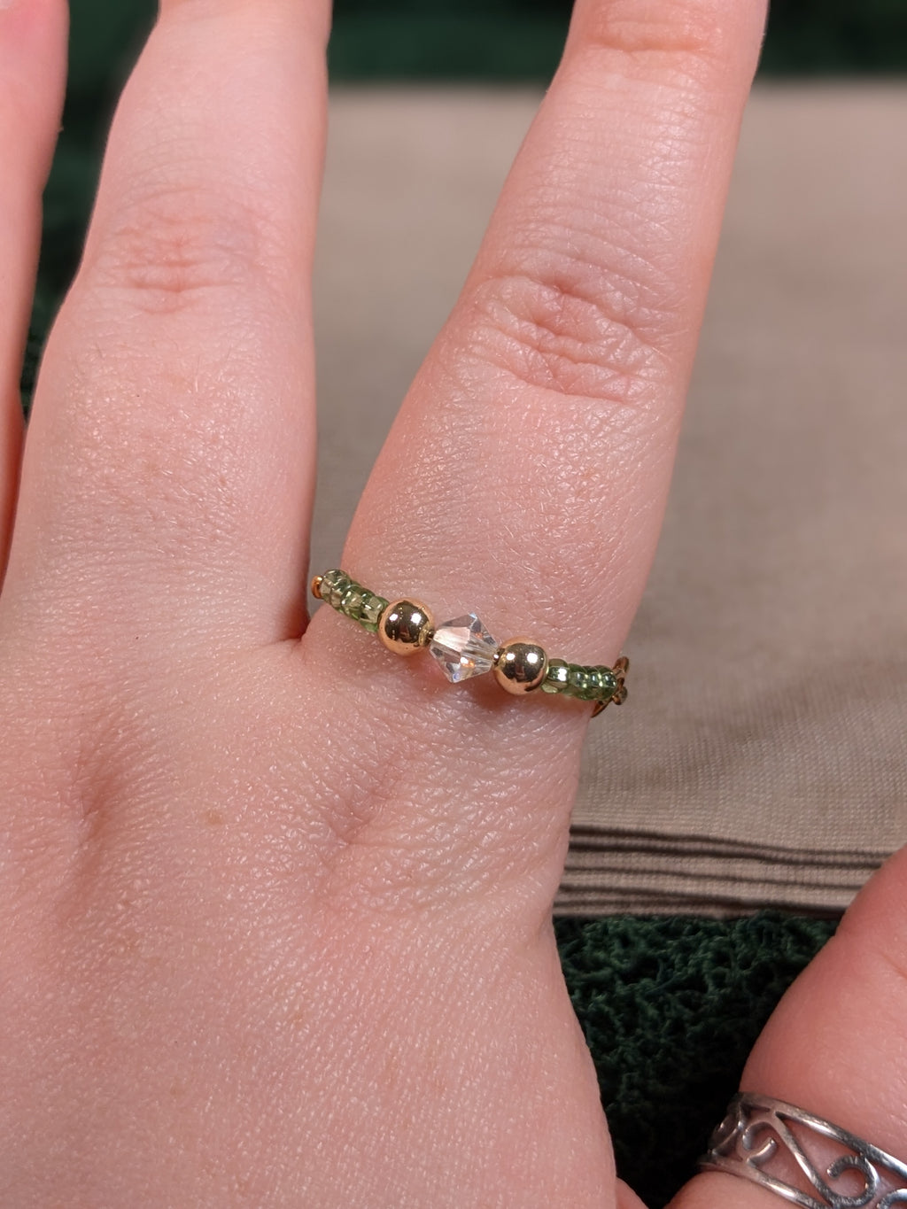 Green & Crystal Chain Ring - Joint-Friendly Adjustable Comfort Ring